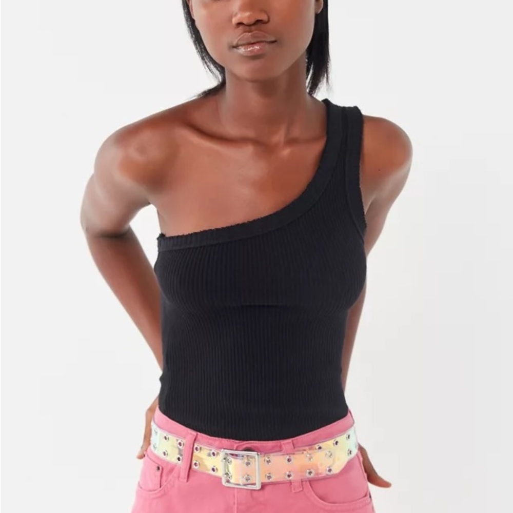 Urban Outfitters Black Ribbed One Shoulder Essential Tank Top